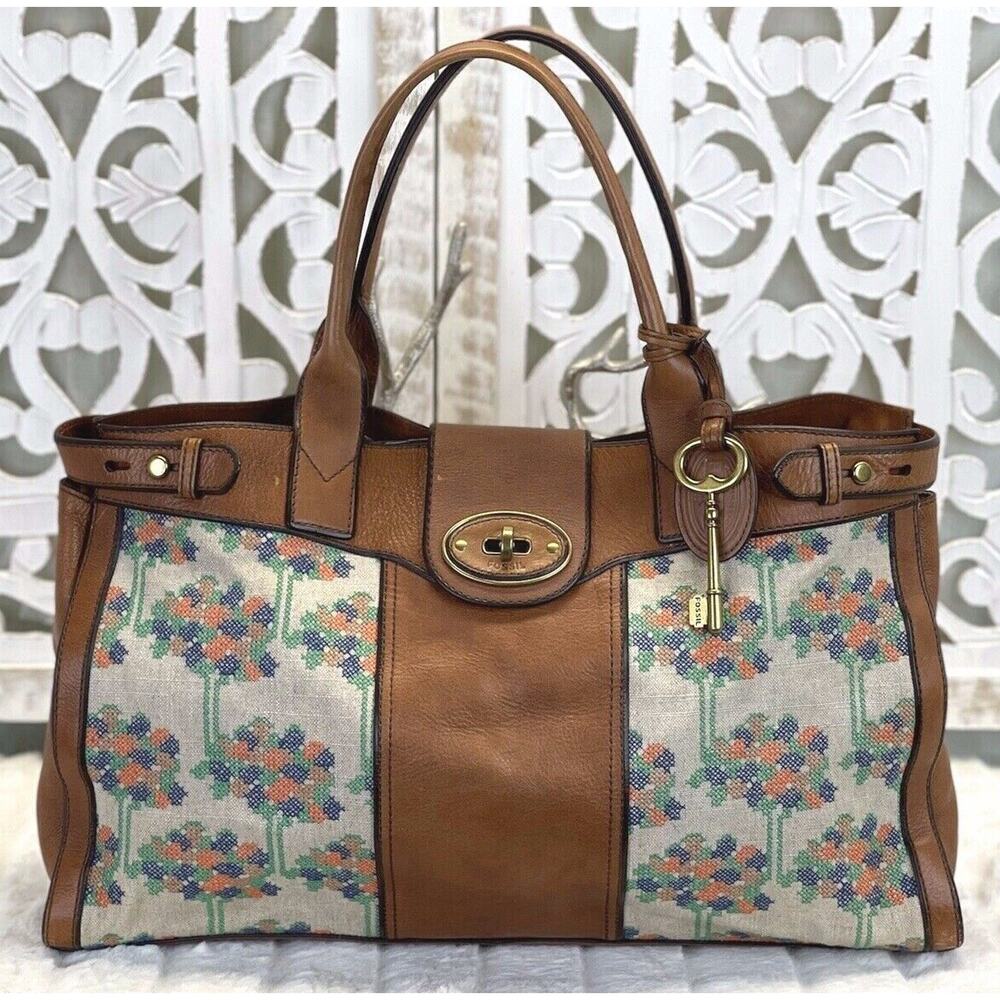 FOSSIL Vintage Reissue Weekender Canvas Embroider Brown Leather Shoulder Handbag
